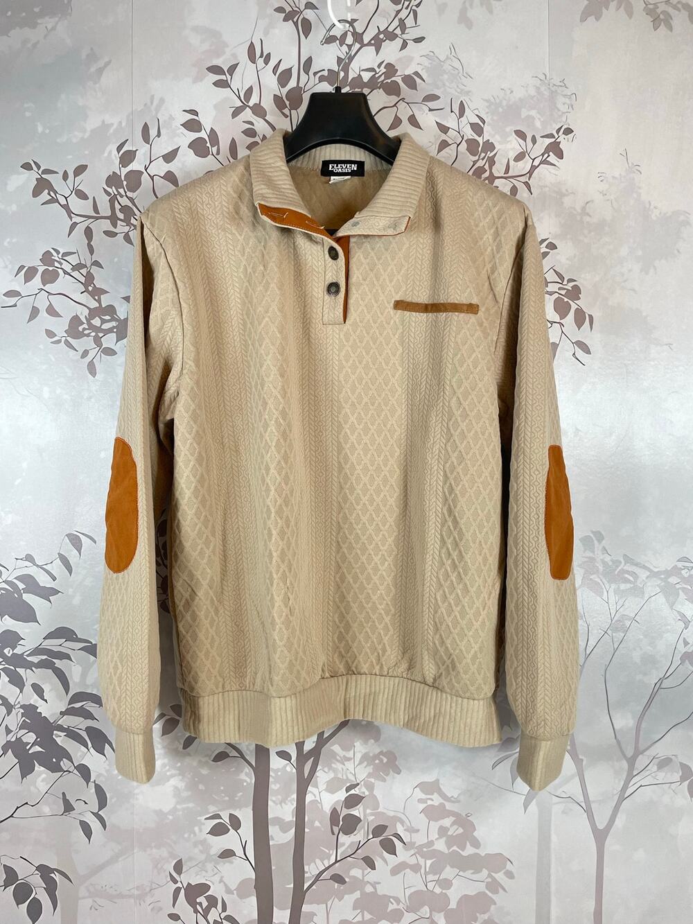Eleven Oasis Mens L Textured Cable Knit Snap Neck Sweater Tan Brown Elbow Patch